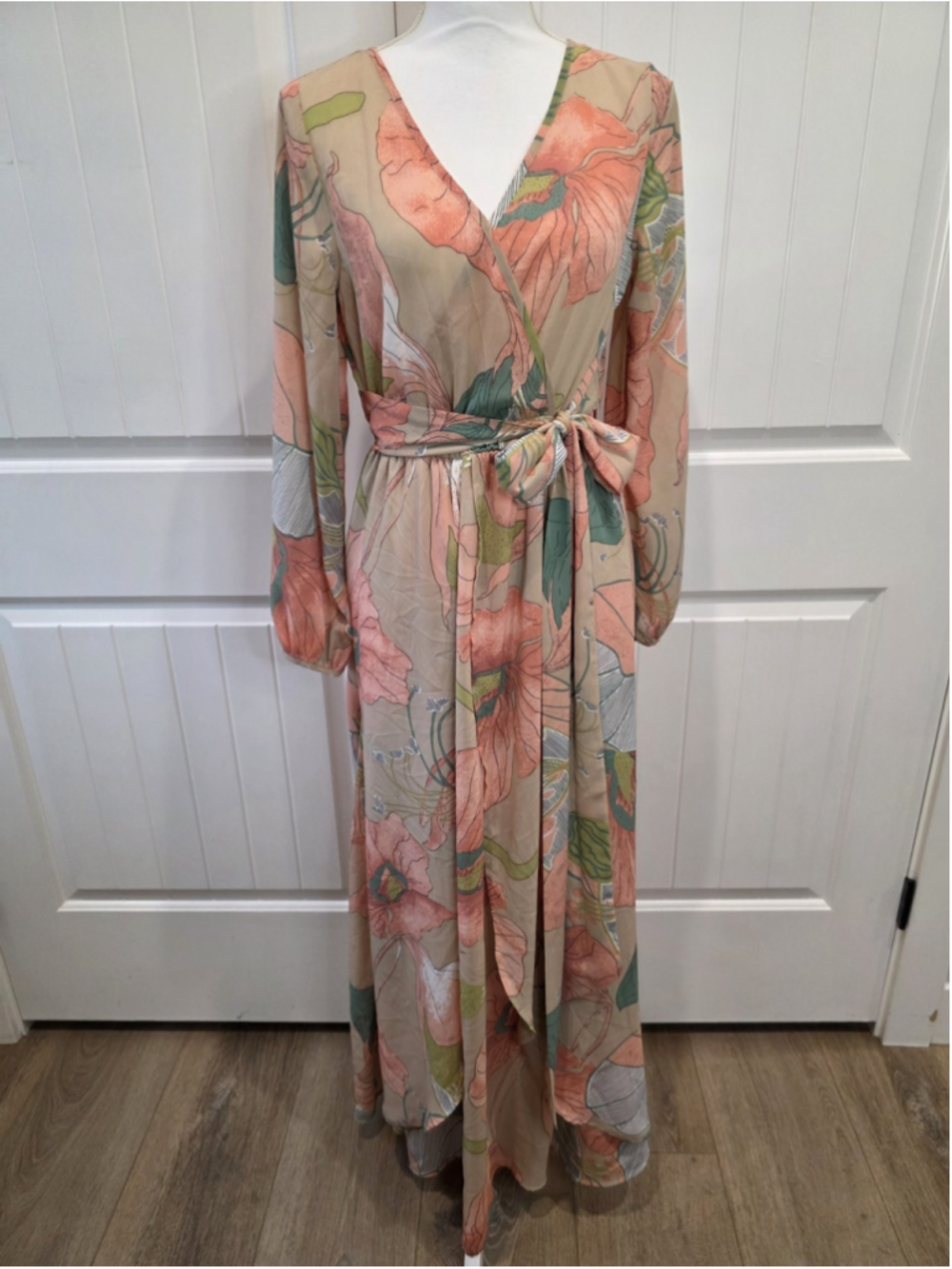 Meghan Los Angeles Sz M Floral Faux Wrap Maxi Dress Boho Resort Wedding Elegant - Picture 2 of 12